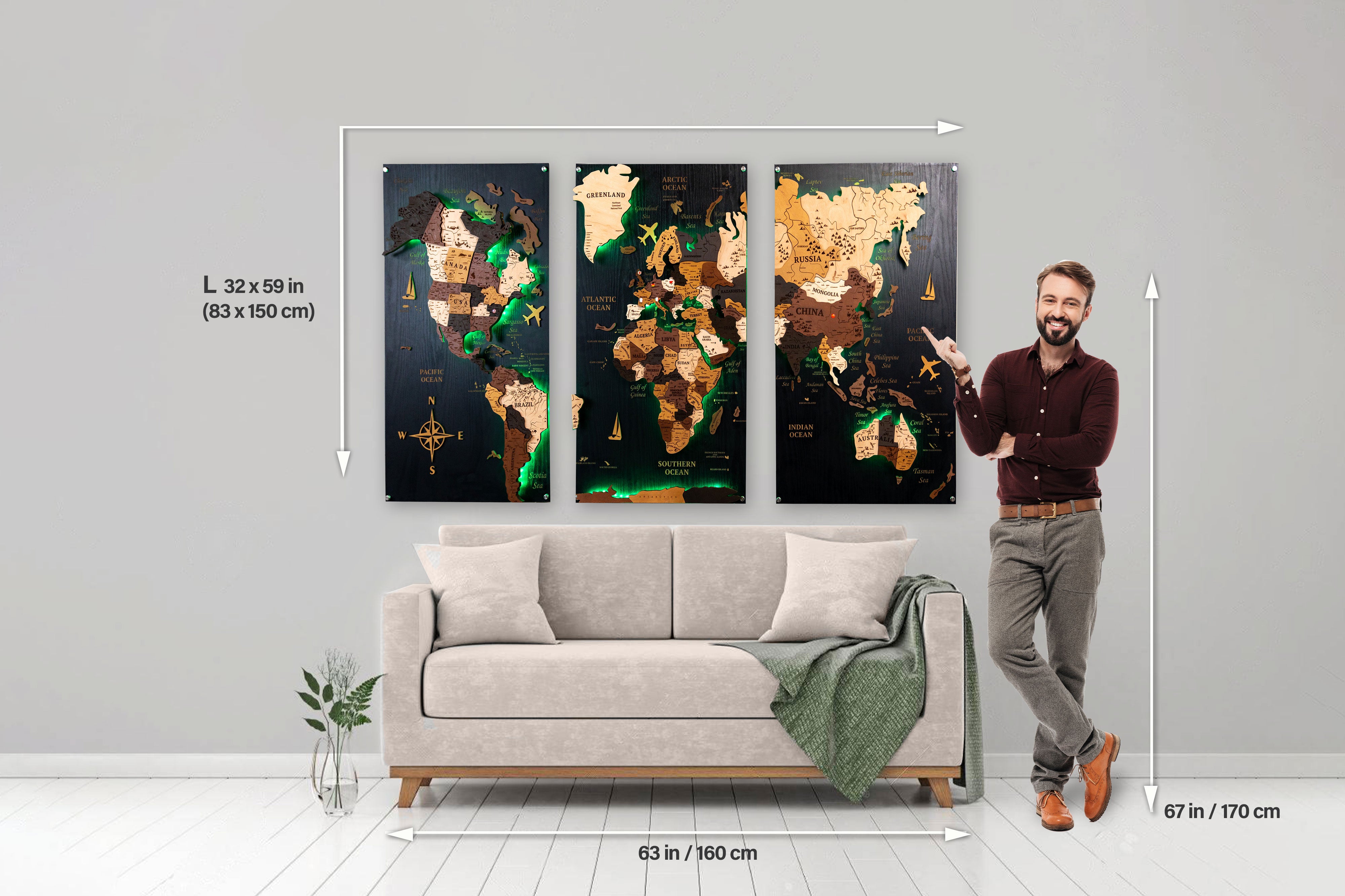 World Map Set Of 3 Cork