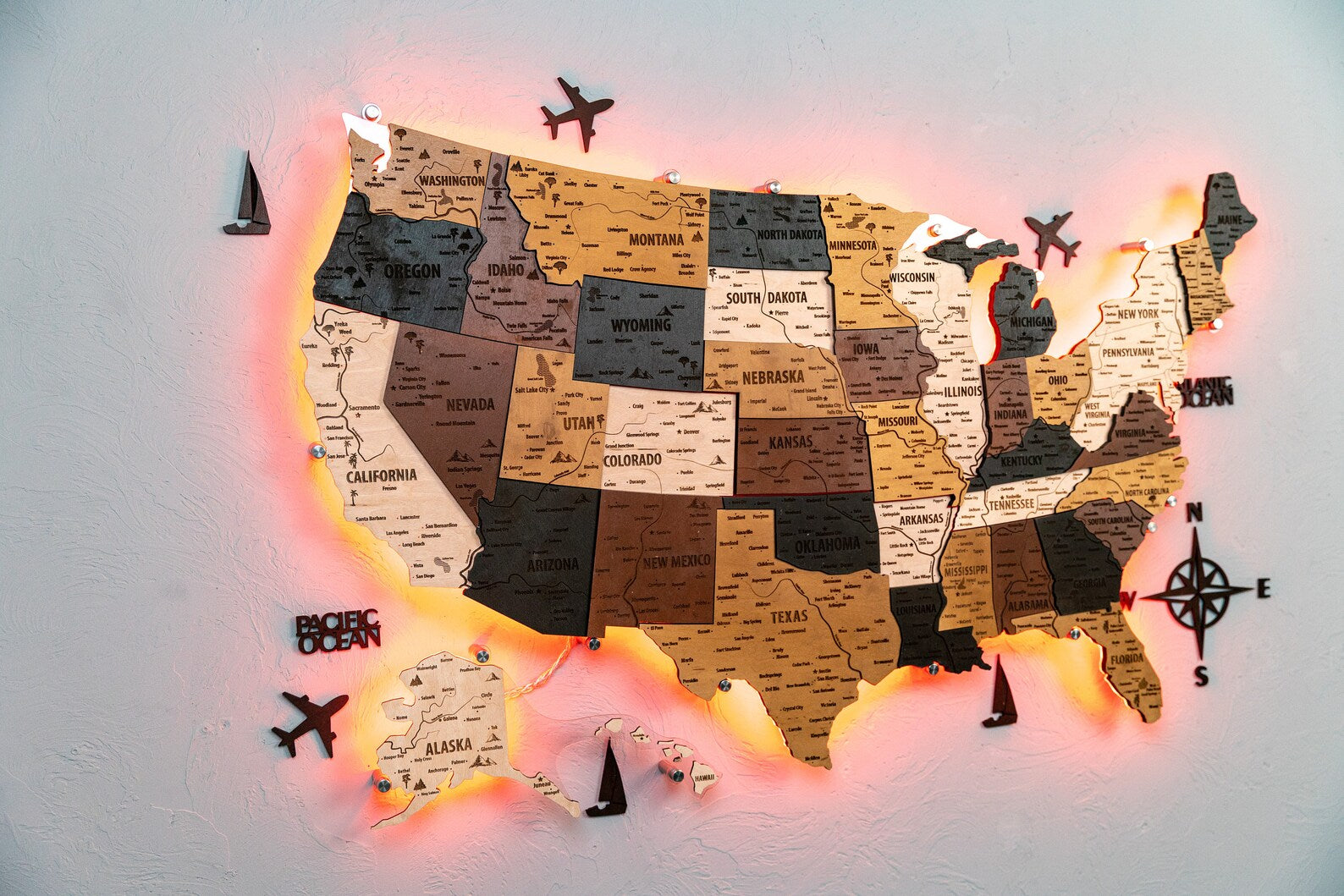USA Wooden Map LED