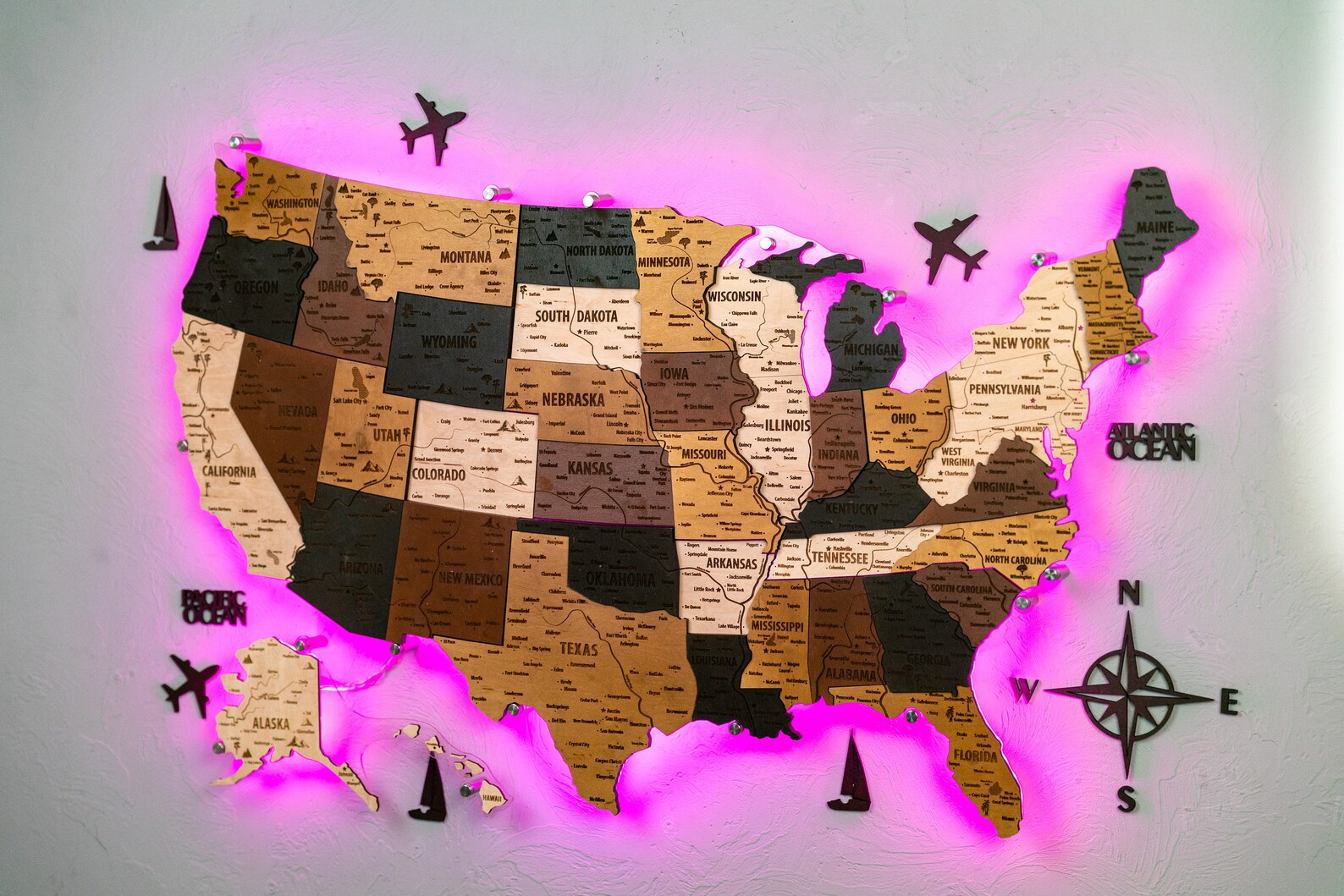 USA Wooden Map LED