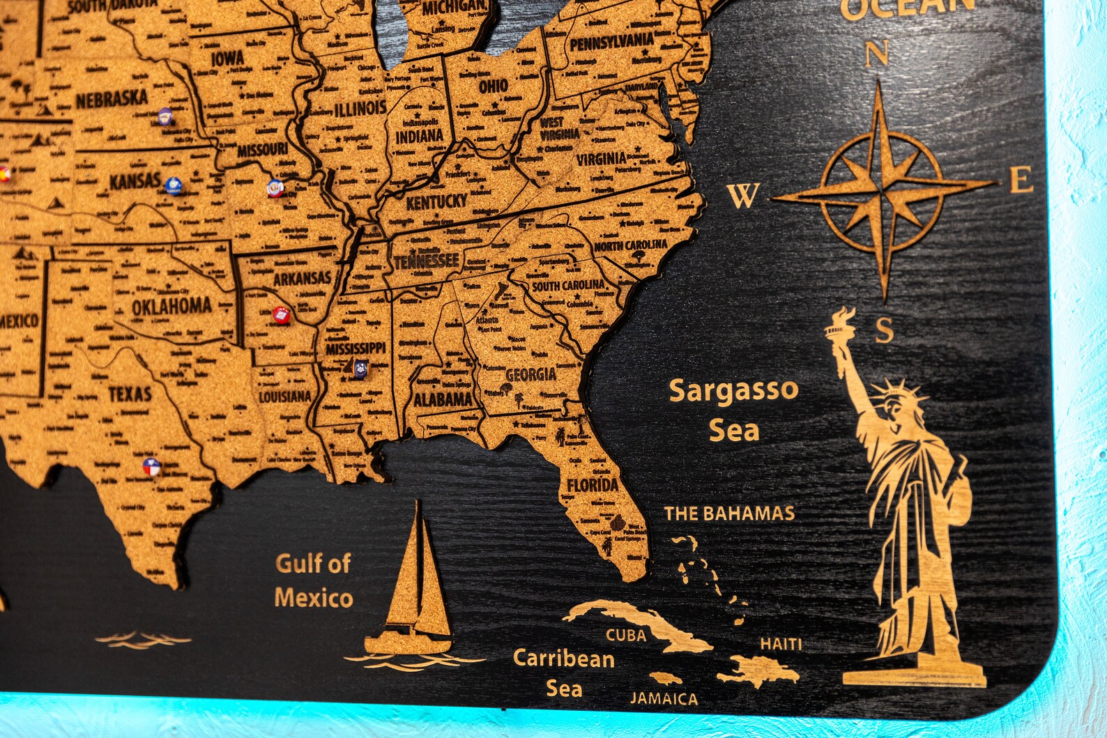 USA Wooden Map on board