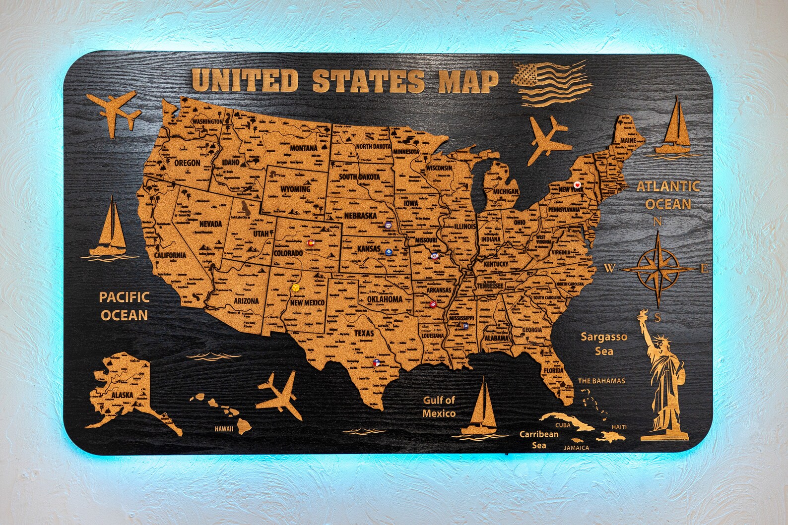 USA Wooden Map on board