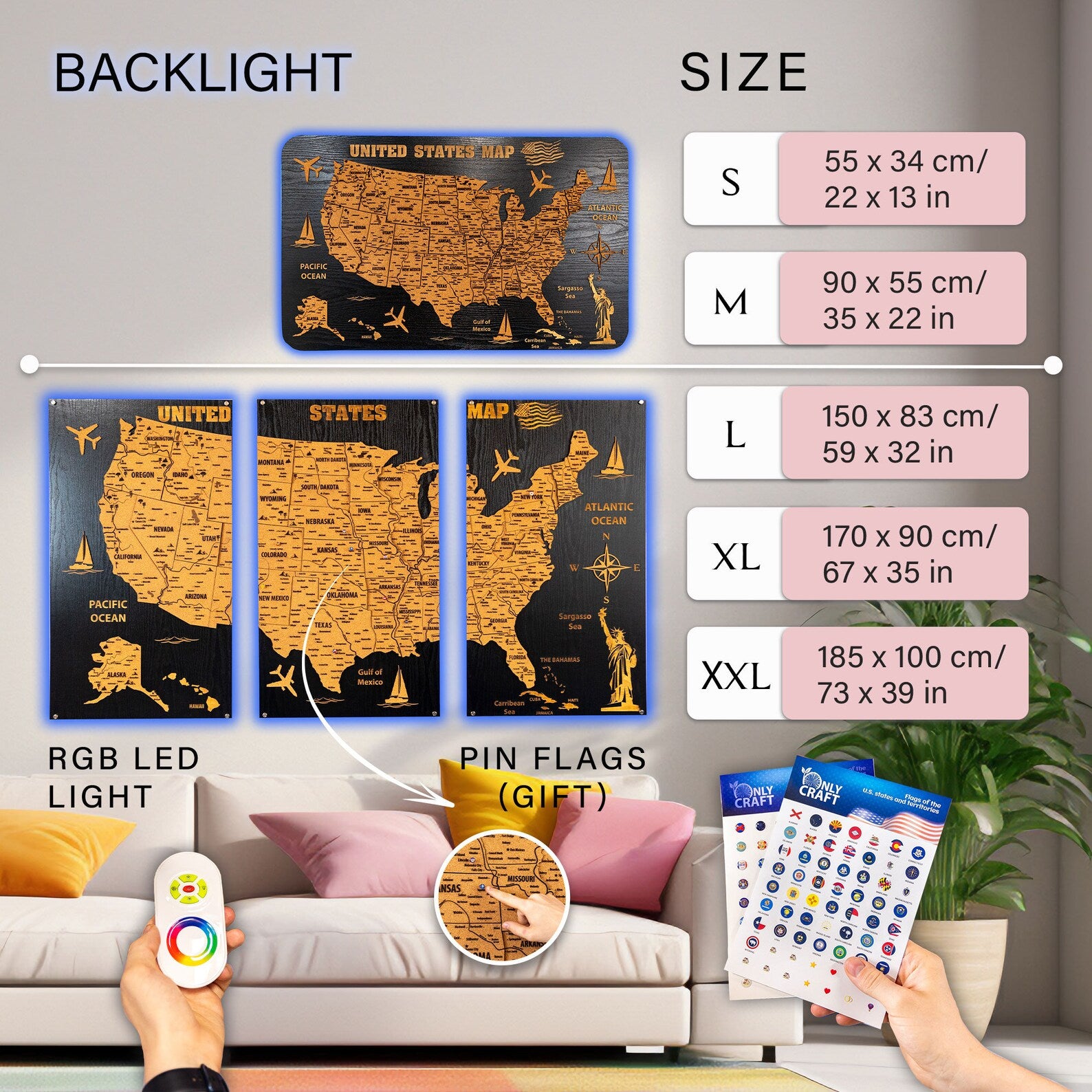 USA Wooden Map on board