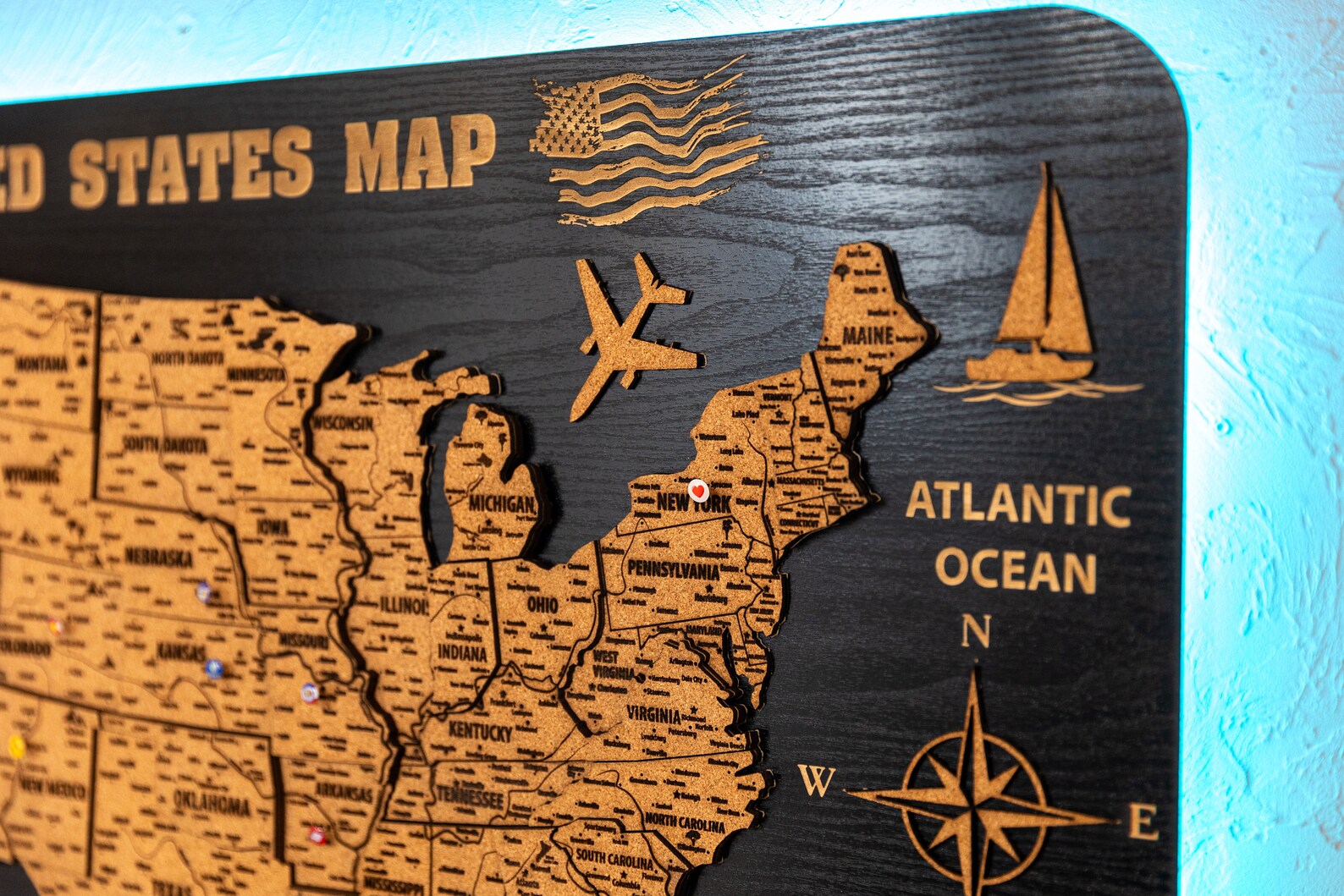USA Wooden Map on board