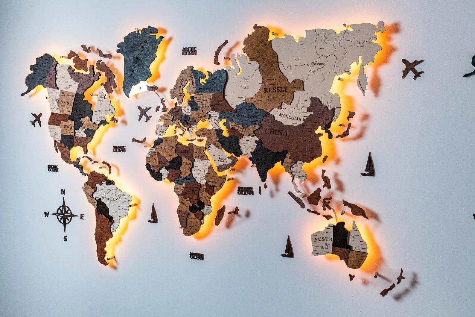 Led Wooden world map